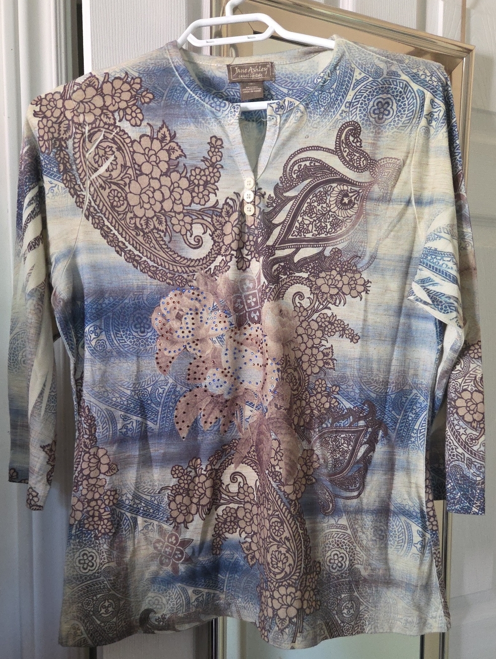 Jane Ashley Blue and Beige Paisley Floral Henley Tunic Top